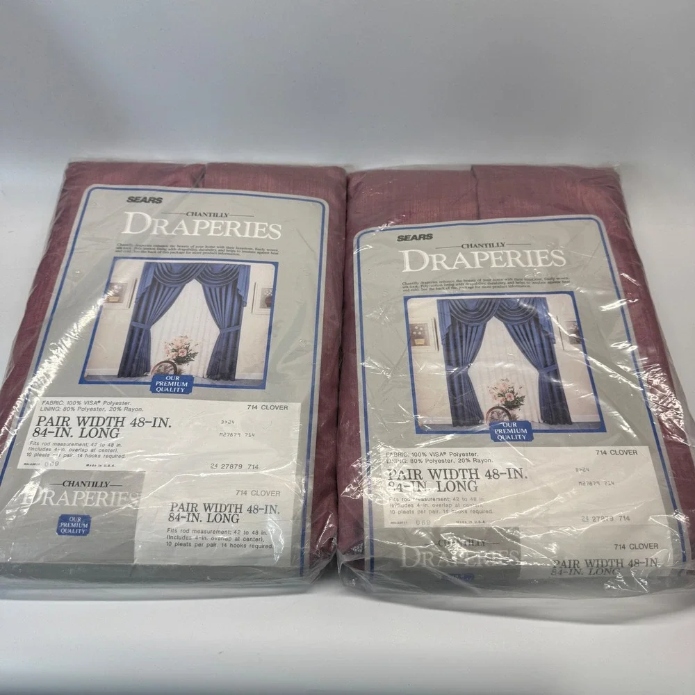 (2) Vintage Sears Chantilly Draperies 48x84 Maroon Pinch Pleat Curtains 70s